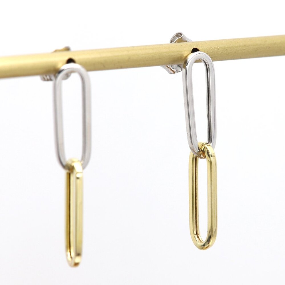 14k Two Colors Gold Paperclip Earrings 5mm wide -  1' Inch long Dangle Earrings